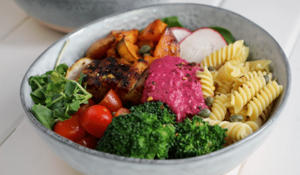 Grilled Chicken Nourish Bowl with Beetroot Hummus