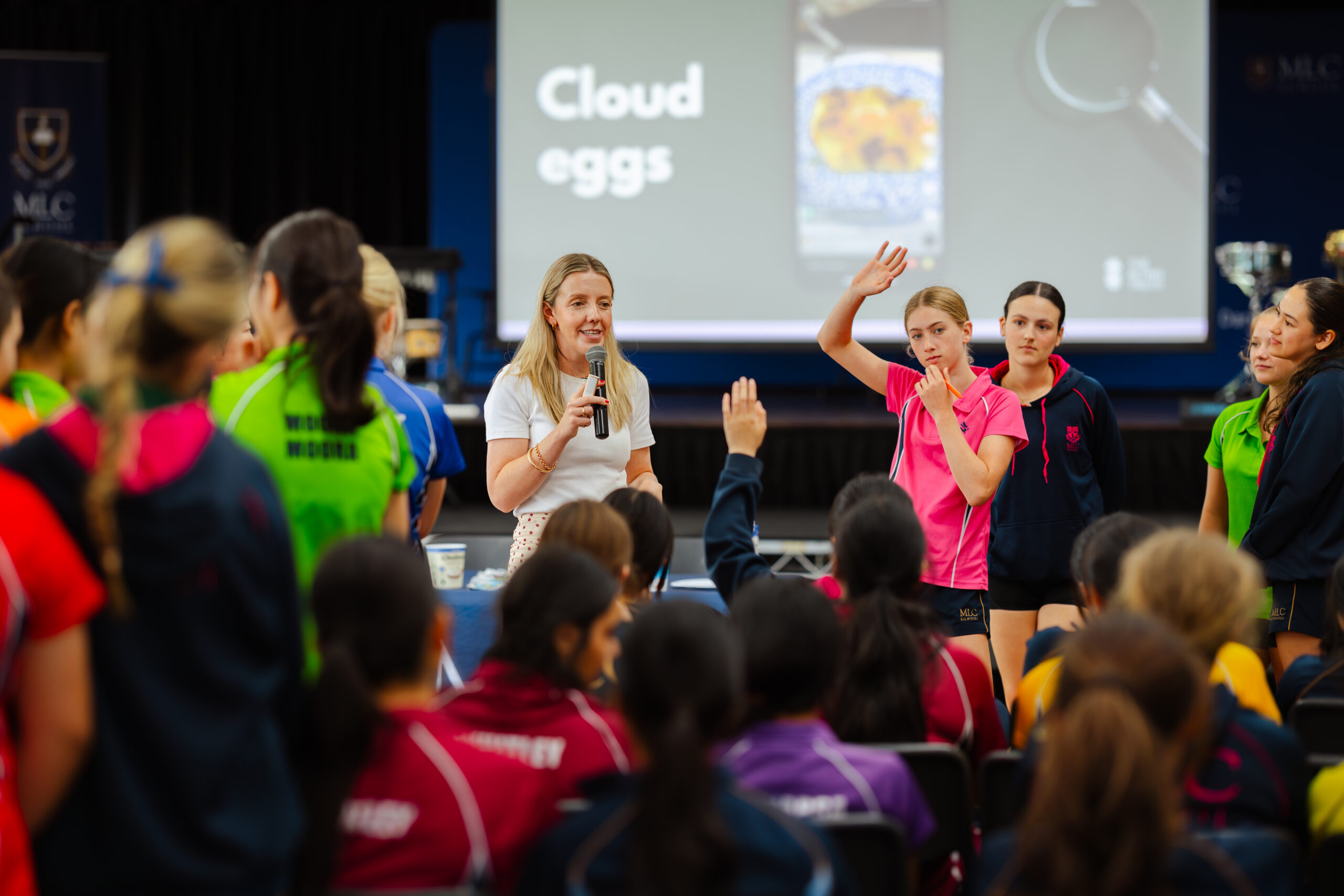 Anna Morgan presenting a nutrition session to a high school year group