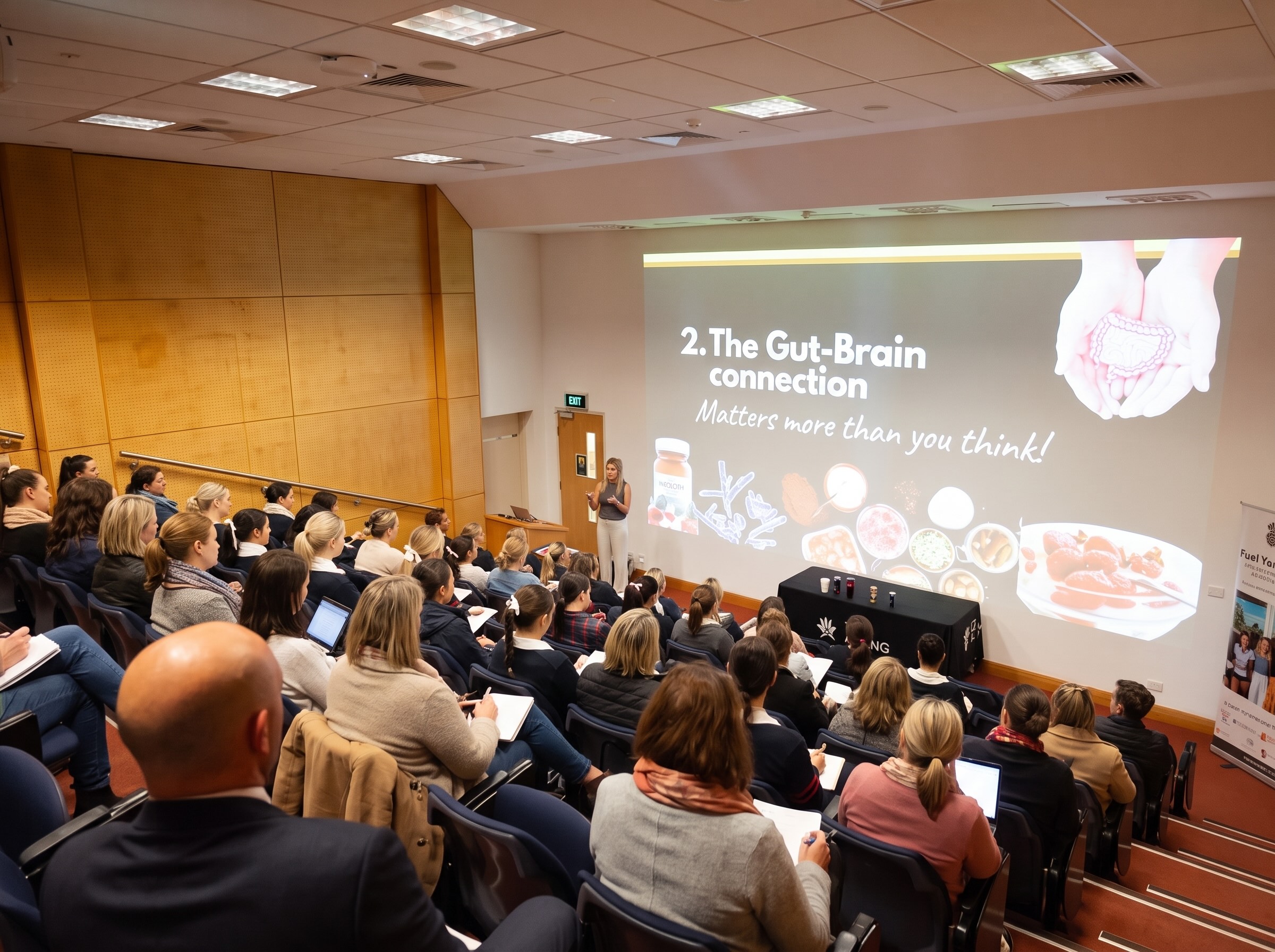 Parents in a lecture theatre listening to a Biting Truth presentation on the gut-brain connection
