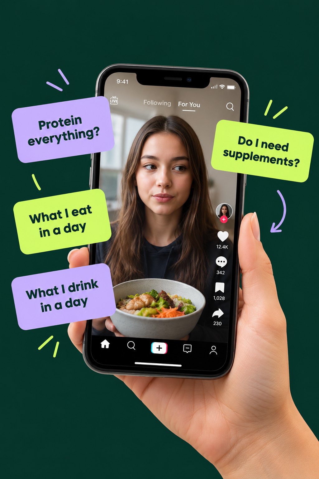 A phone showing a social media nutrition video surrounded by questions students see online: Protein everything, Do I need supplements, What I eat in a day, What I drink in a day
