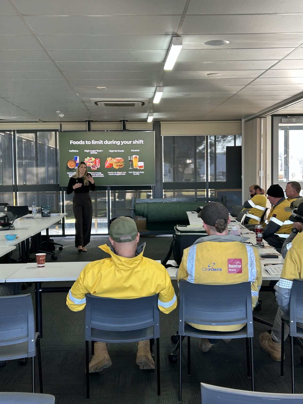 Anna presenting a nutrition session to shift workers on site